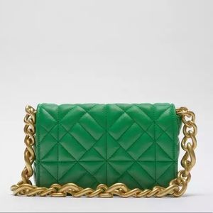 Zara Green Quilted Shoulder Bag with Gold Chain